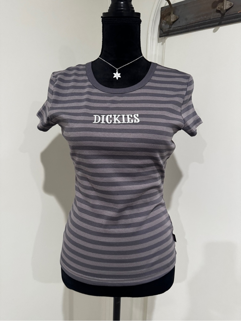 Dickies Women's Gray Stripe Crewneck Tee with White Logo